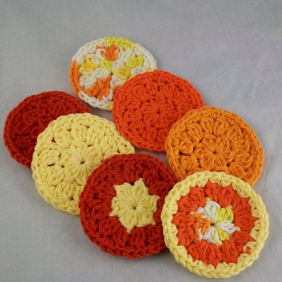 Handmade Crochet Yellow Orange Reusable Cotton Face Scrubbies Set of 7 - Picture 3 of 3